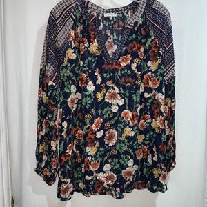 JODIFL mixed media blouse Sz M split neck floral boho festival NWOT